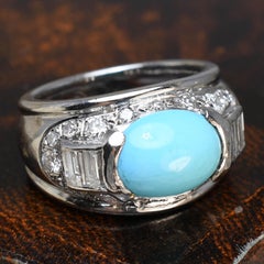 French 18k Gold Art Deco Turquoise & Diamond Bombé Ring, Circa 1930