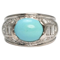 French 18k Gold Art Deco Turquoise & Diamond Bombé Ring, Circa 1930