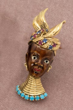 French 18K Gold Blackamoor Enamel Ruby Sapphire Turquoise Brooch