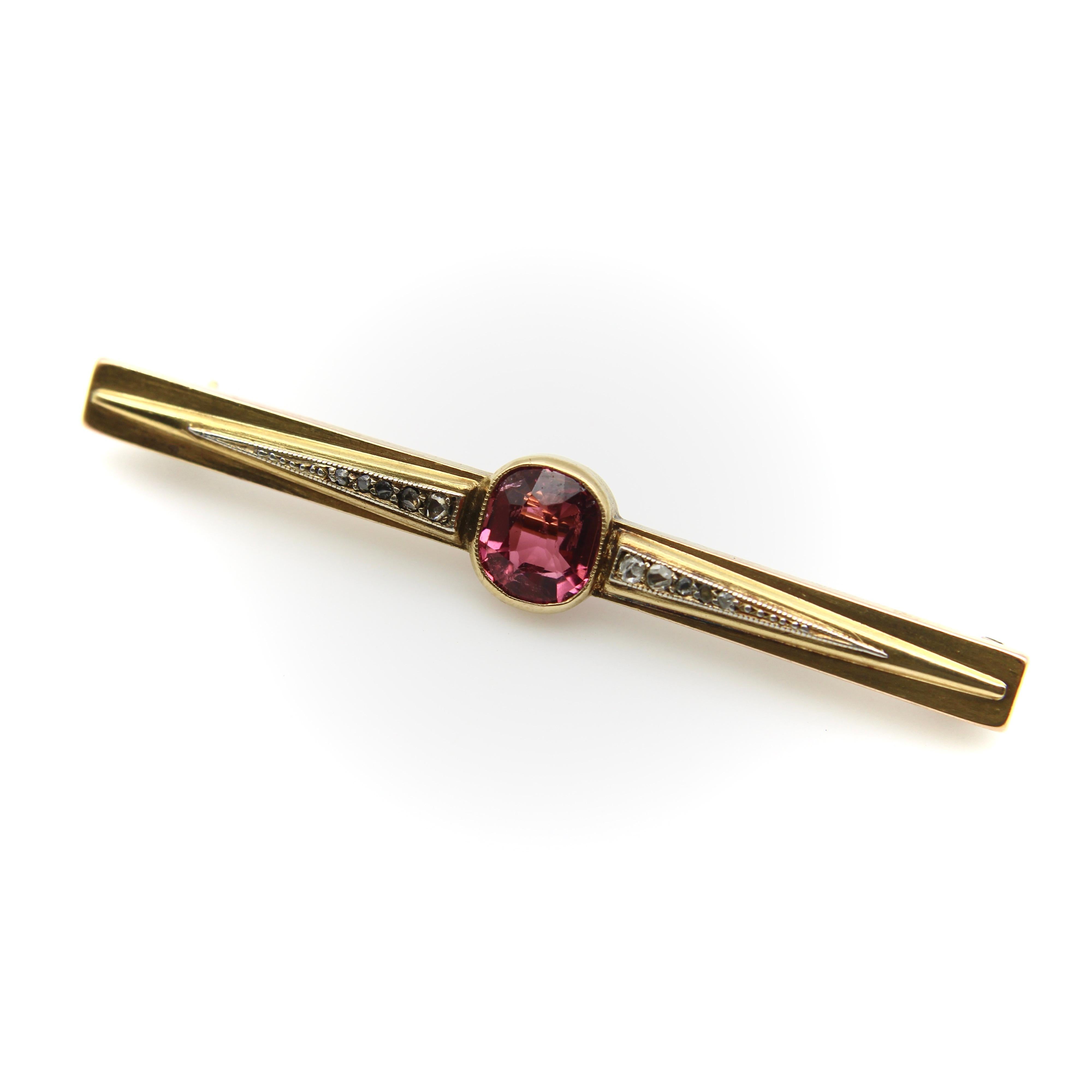 Victorian French 18K Gold Brooch with Bezel Set Tourmaline and Diamonds  For Sale