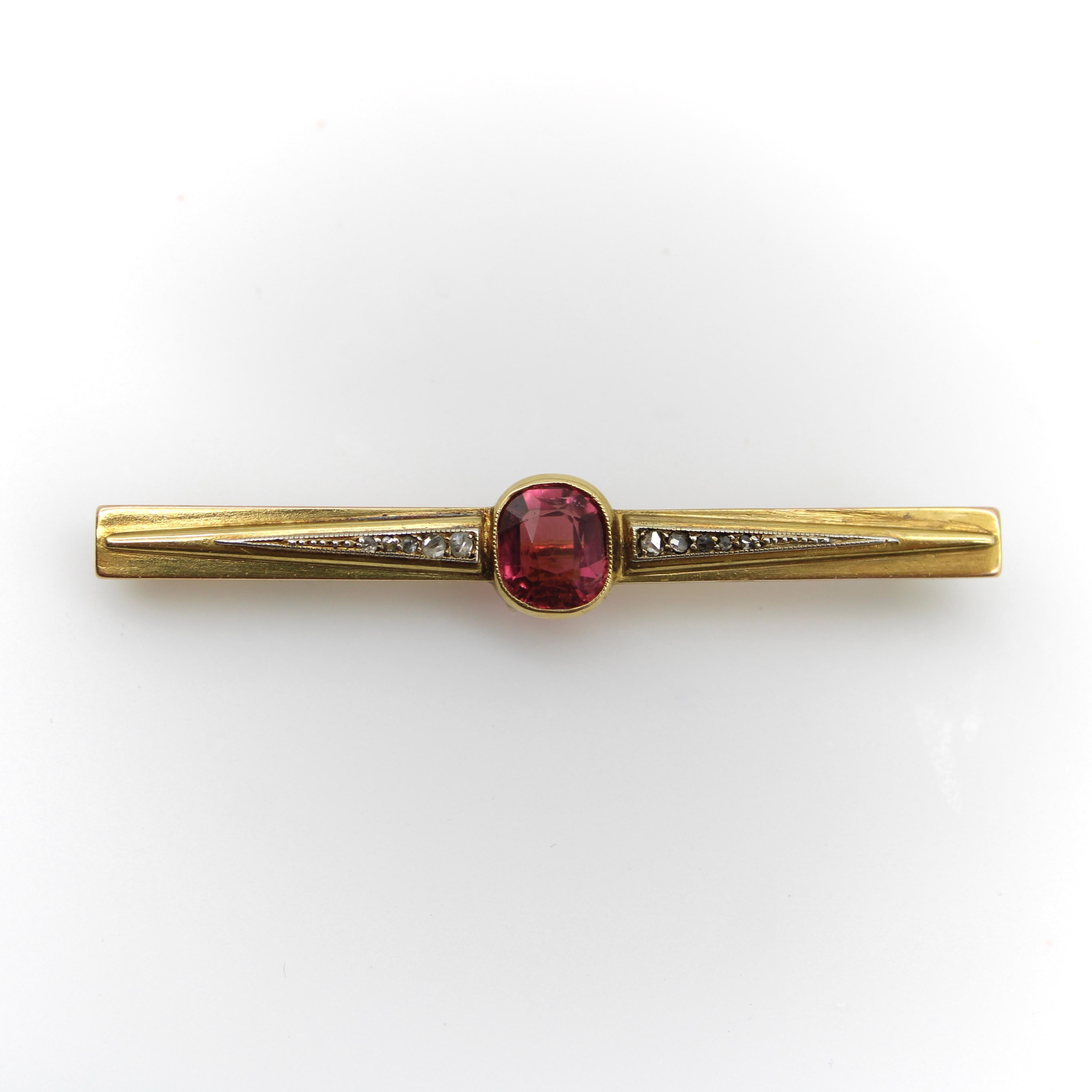 Rose Cut French 18K Gold Brooch with Bezel Set Tourmaline and Diamonds  For Sale