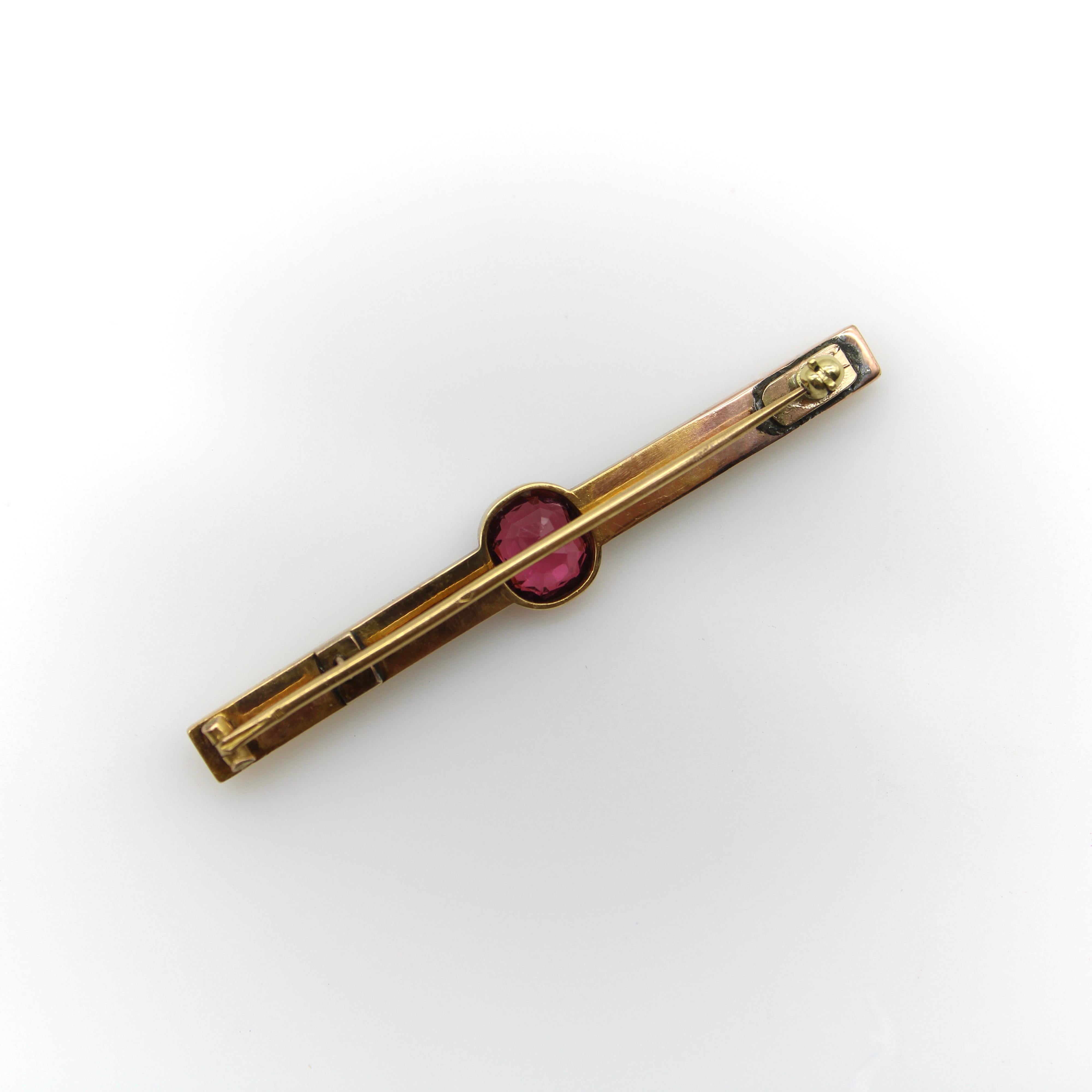 Women's or Men's French 18K Gold Brooch with Bezel Set Tourmaline and Diamonds  For Sale