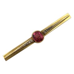 Antique French 18K Gold Brooch with Bezel Set Tourmaline and Diamonds