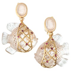 French 18k Gold Carved Quartz Fish Drop Earrings