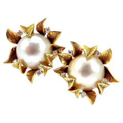 French 18K Gold Earrings with Mobe Pearls Surrounded by Leaves and Diamonds