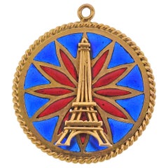 French 18k Gold Eiffel Tower Notre Dame De Paris Plique A Jour Enamel Pendant