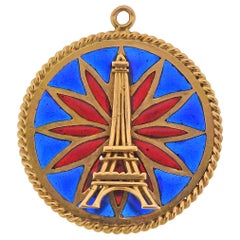 French 18k Gold Eiffel Tower Notre Dame De Paris Plique A Jour Enamel Pendant