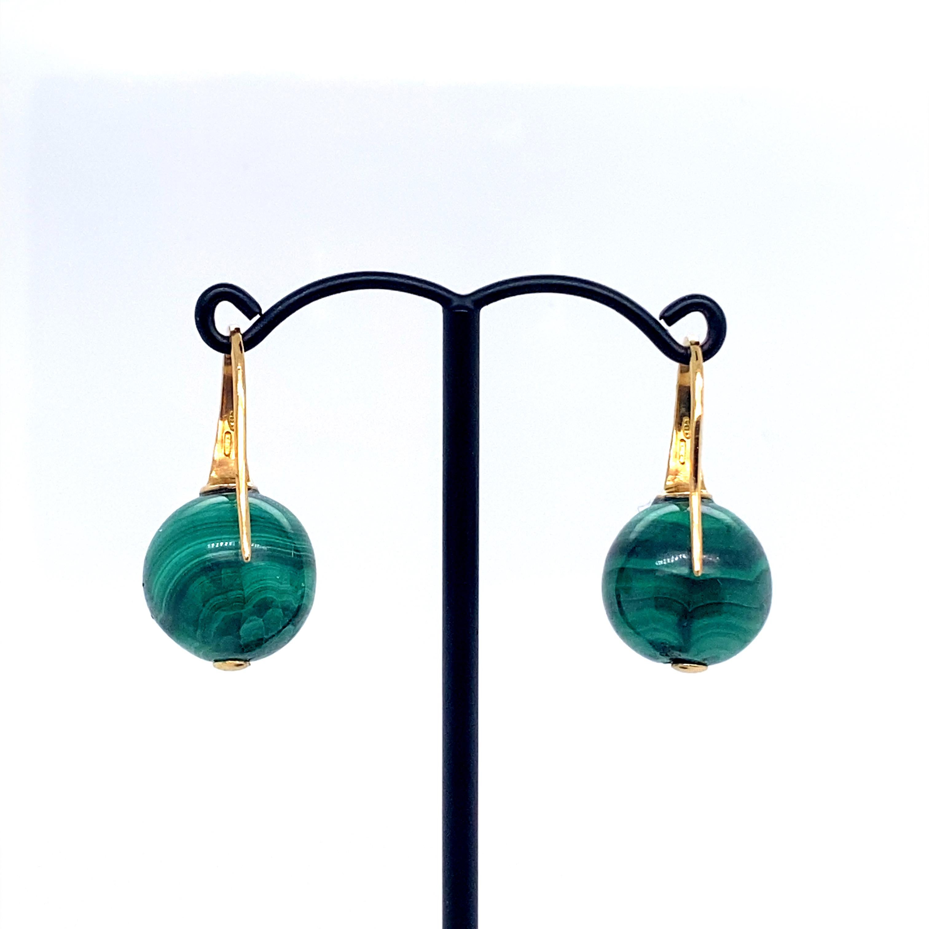 French 18K Gold Malachite Pendants Earrings In New Condition In Vannes, FR