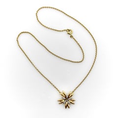 French 18K Gold Mid-Century Flower Pendant Necklace with Diamonds