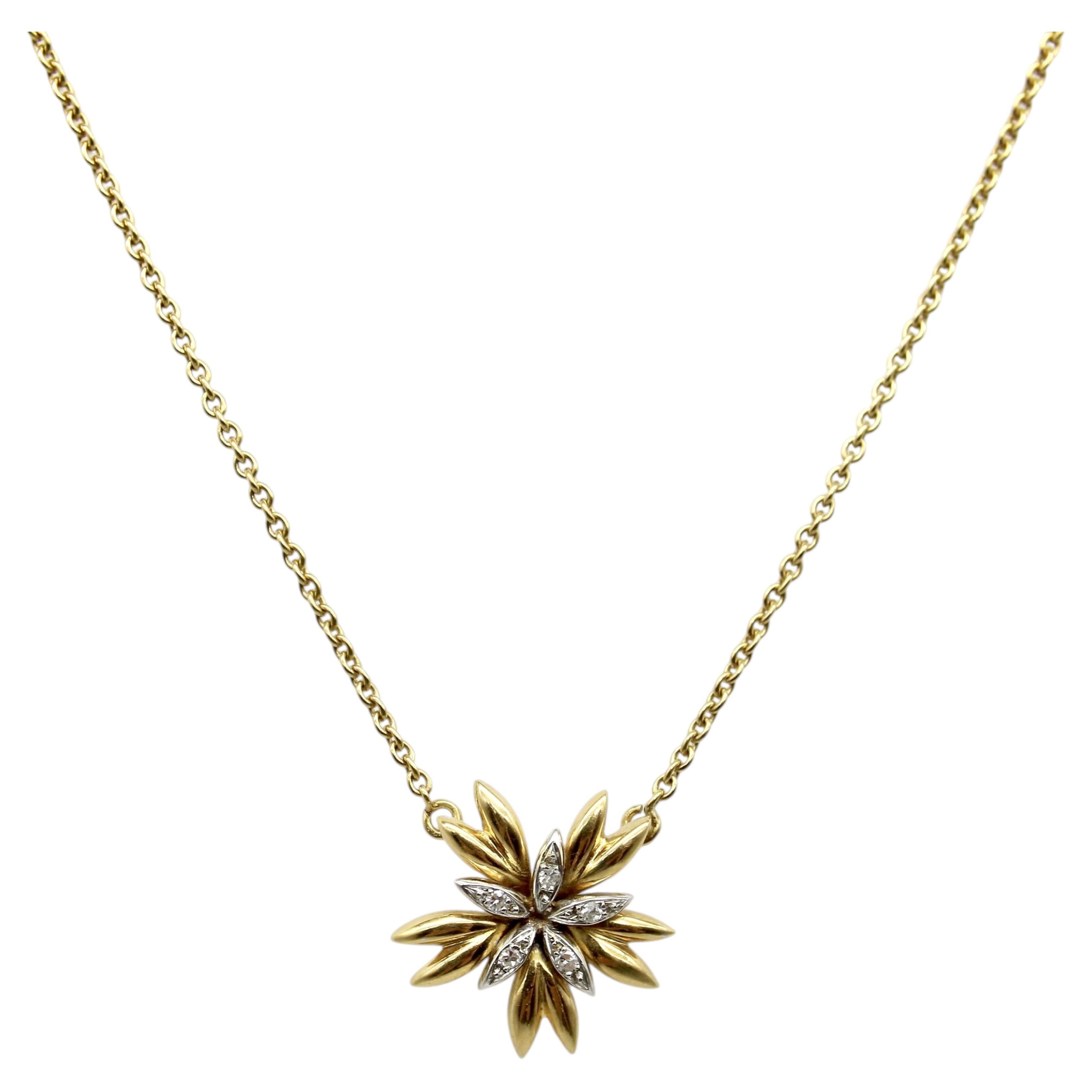 French 18K Gold Mid-Century Flower Pendant Necklace with Diamonds