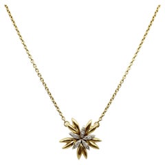 French 18K Gold Mid-Century Flower Pendant Necklace with Diamonds