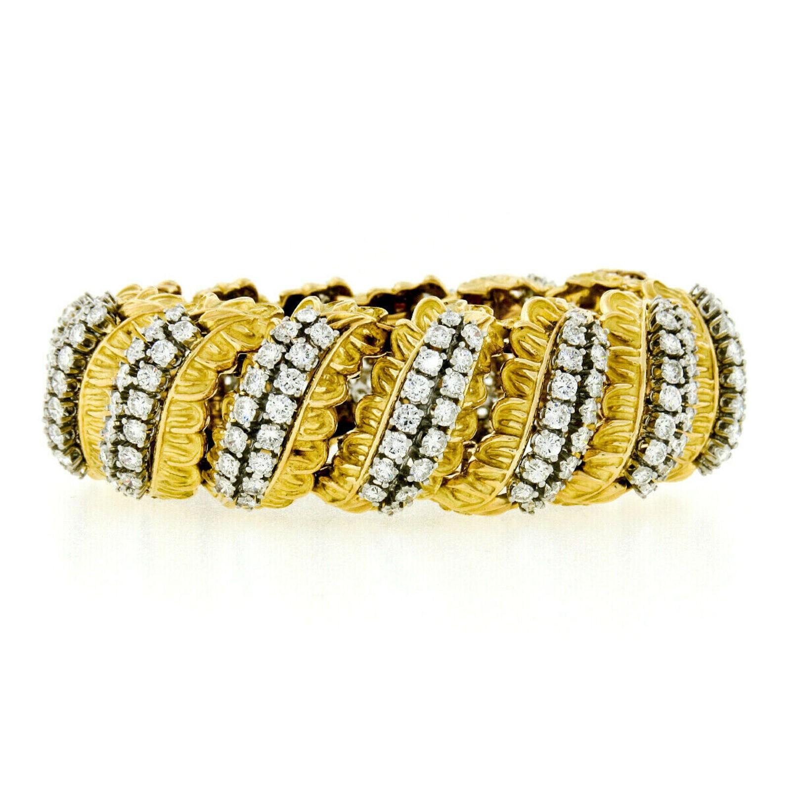 Women's French 18k Gold & Platinum 13.57ct Diamond Wide Textured Leaf Statement Bracelet
