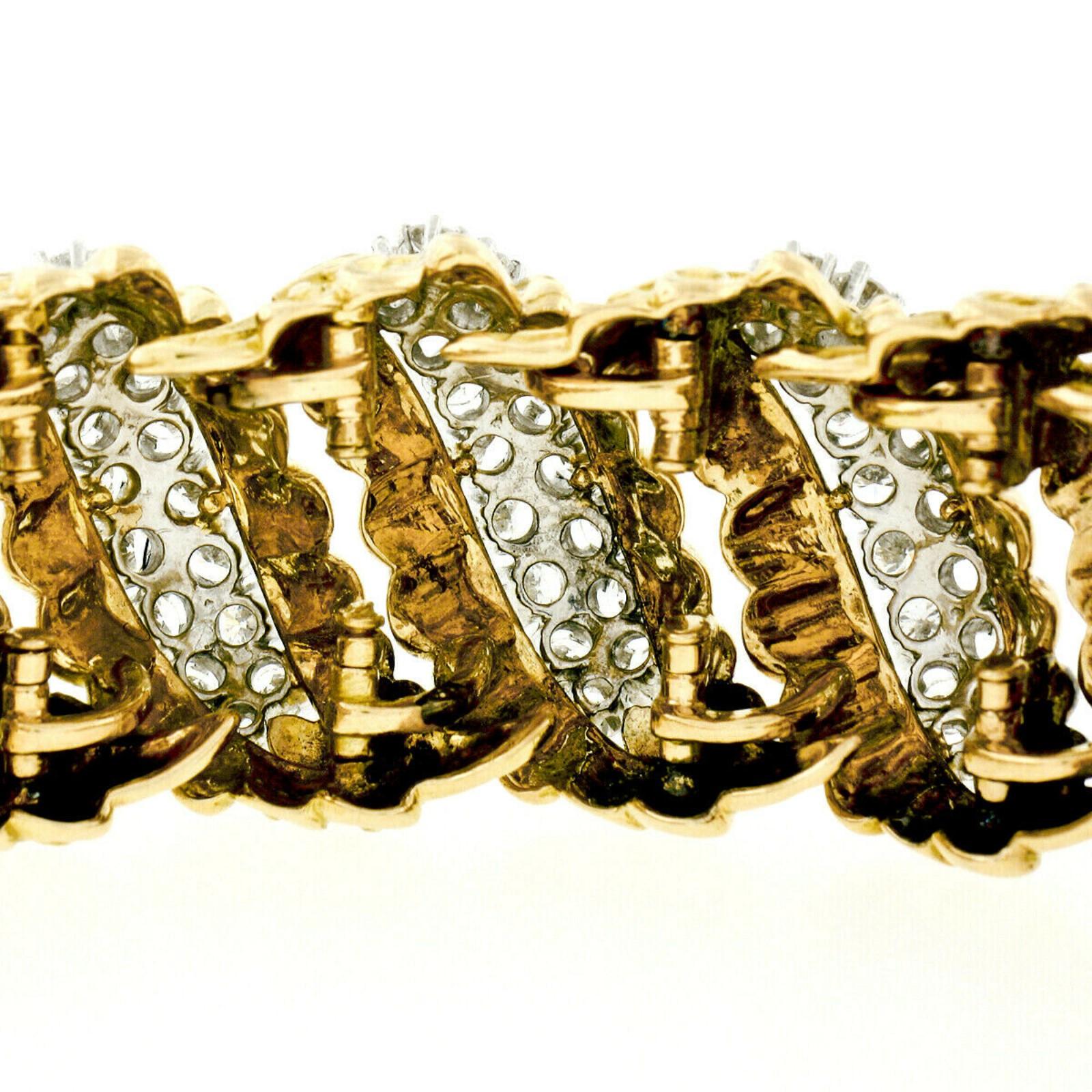 French 18k Gold & Platinum 13.57ct Diamond Wide Textured Leaf Statement Bracelet 4