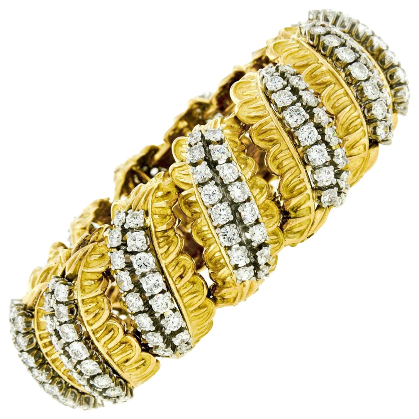 French 18k Gold & Platinum 13.57ct Diamond Wide Textured Leaf Statement Bracelet