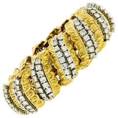 French 18k Gold 
Platinum 13.57ct Diamond Wide Textured Leaf Statement Bracelet