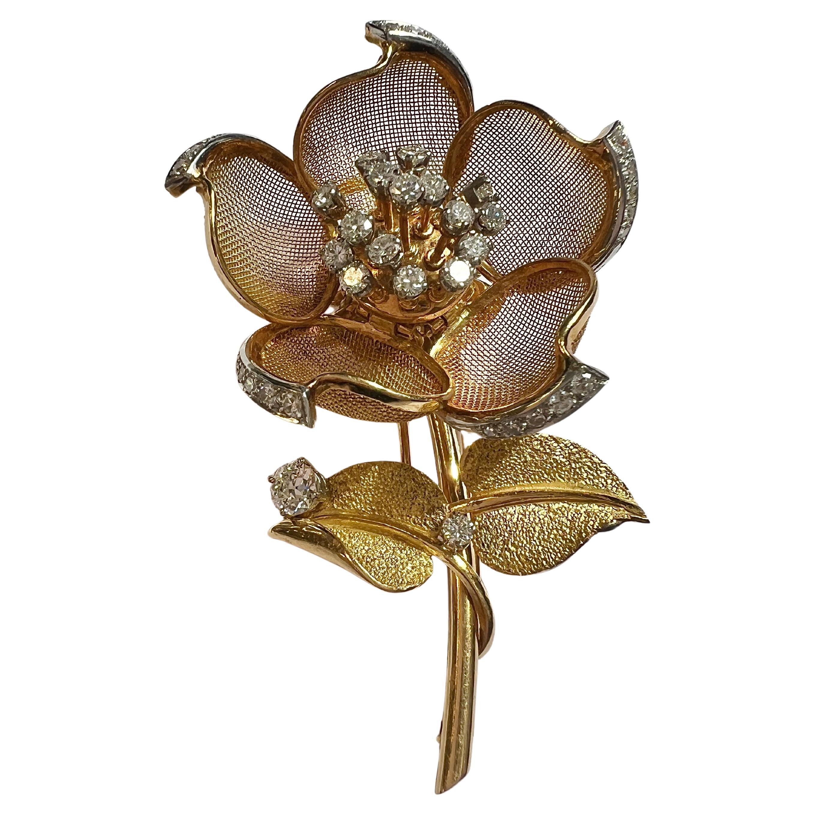 French 18k Gold Platinum Diamond 'En Tremblant' Brooch