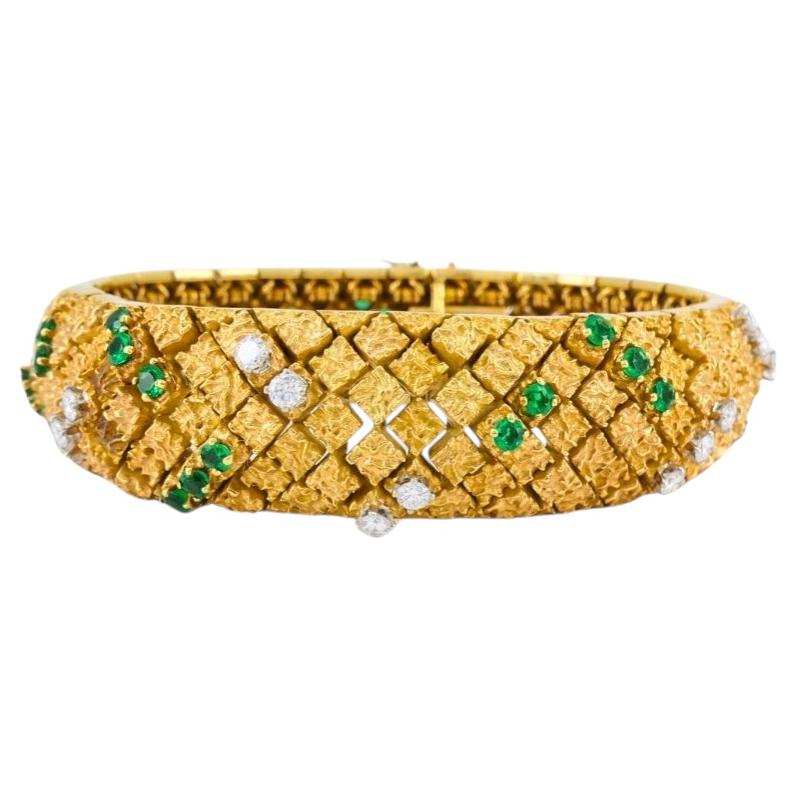 French 18k Gold Platinum Emerald Diamond Bracelet Vintage Jewelry
