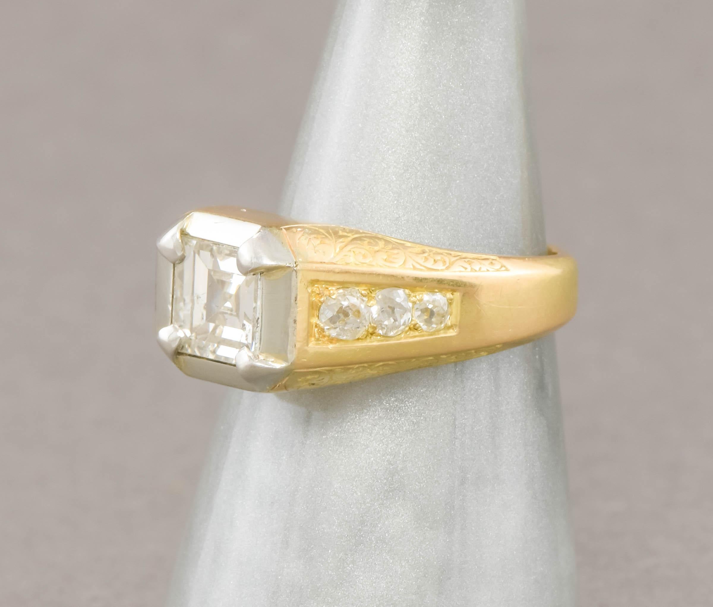 Square Cut Heavy French 18K Gold Step Cut Diamond Ring with Hand Engraving, 1.73 ctw For Sale