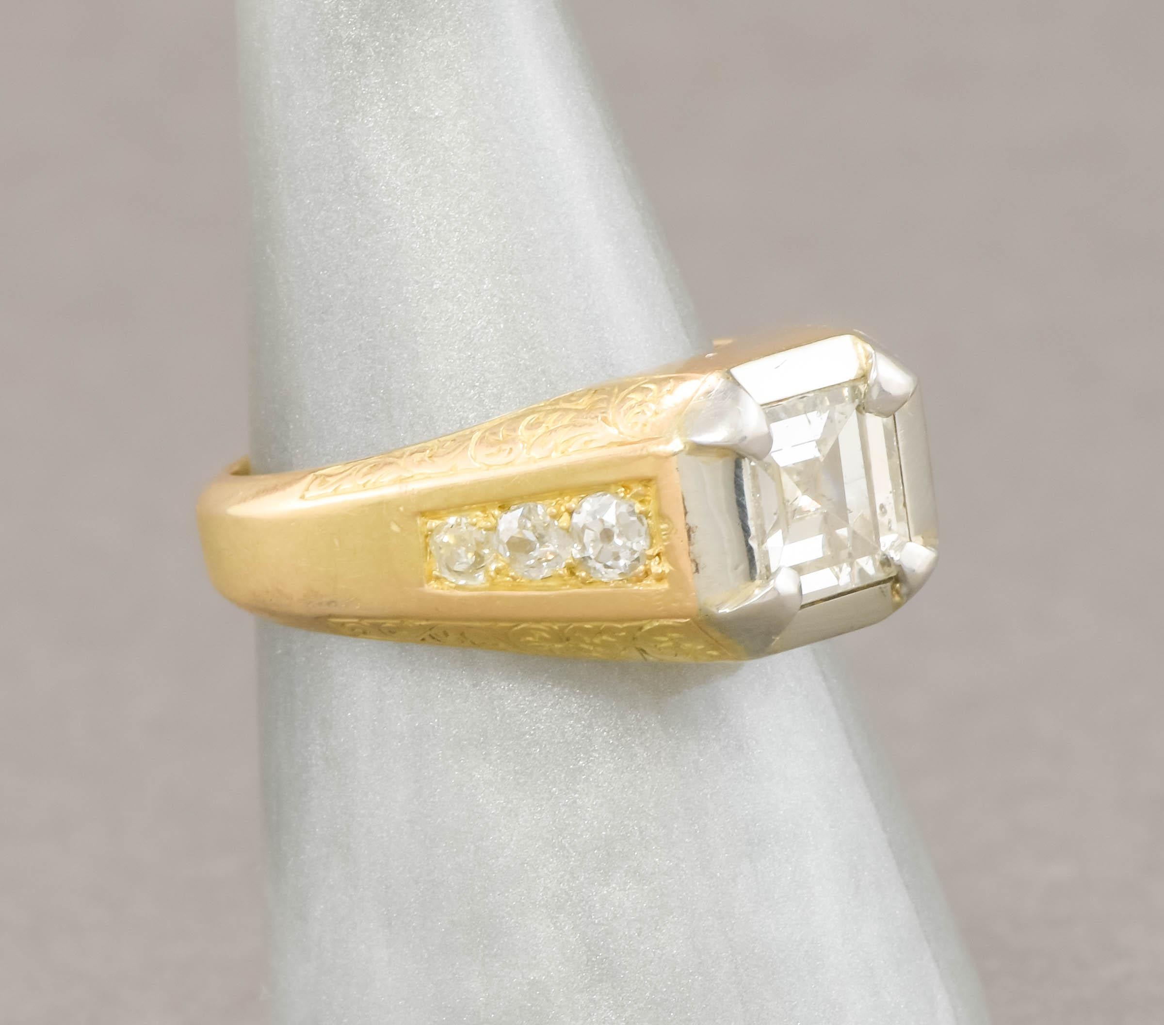 Heavy French 18K Gold Step Cut Diamond Ring with Hand Engraving, 1.73 ctw In Good Condition For Sale In Danvers, MA
