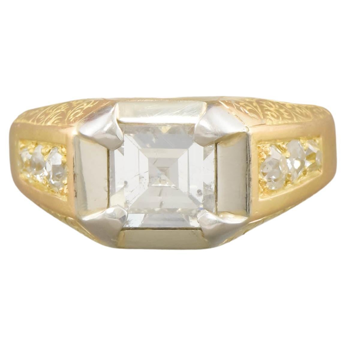 Heavy French 18K Gold Step Cut Diamond Ring with Hand Engraving, 1.73 ctw For Sale