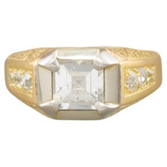 Heavy French 18K Gold Step Cut Diamond Ring with Hand Engraving, 1.73 ctw