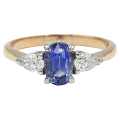 French 18K Gold Unheated Ceylon Sapphire and Diamond Ring