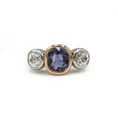 French 18K Gold Unheated Ceylon Sapphire and Diamond Three-Stone Ring