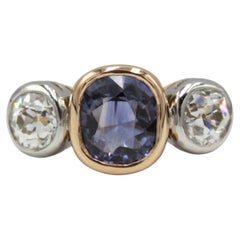 French 18K Gold Unheated Ceylon Sapphire and Diamond Three-Stone Ring