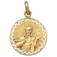French 18K Lovely Double sided medal - Estate 18 karat solid gold Catholic charm