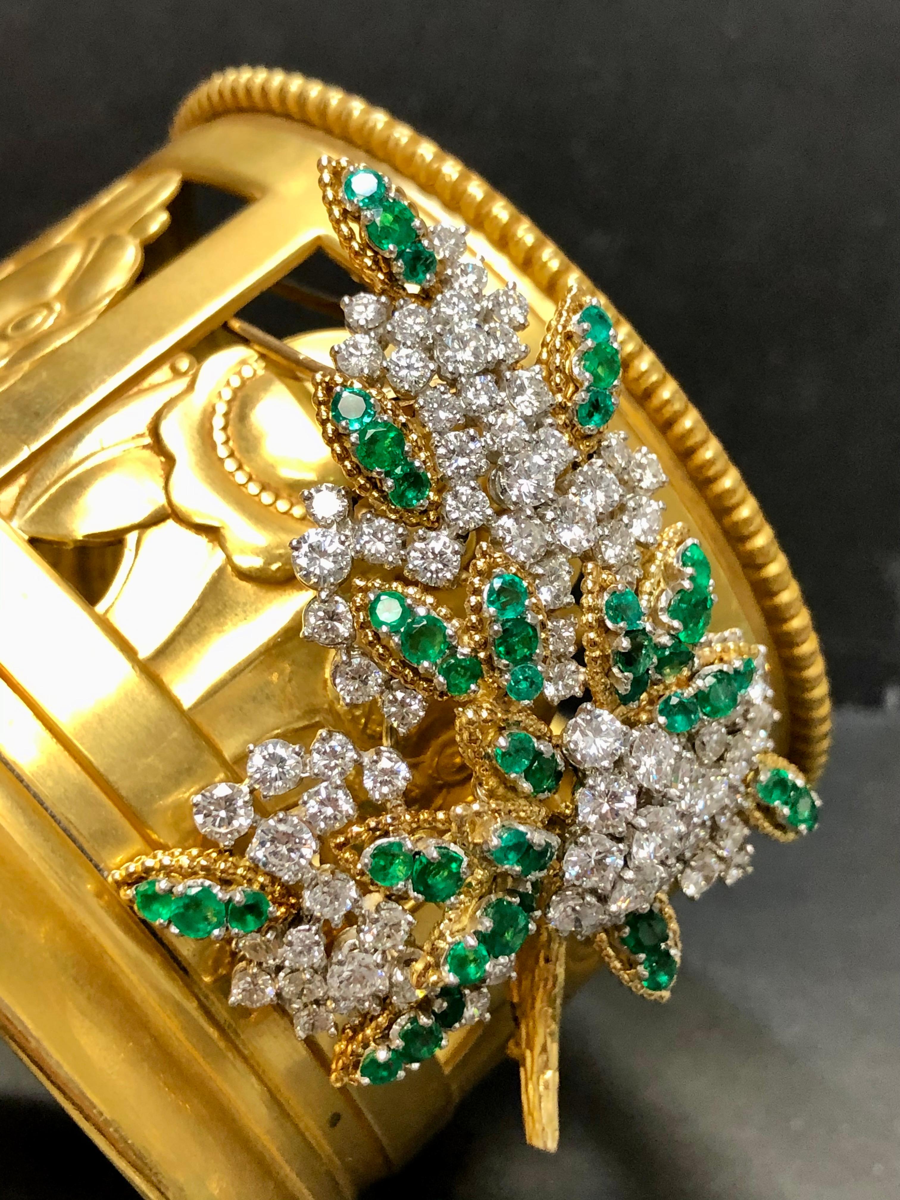 Contemporary Vintage French 18K Platinum Diamond Emerald Leaf Brooch 13cttw G Vs For Sale