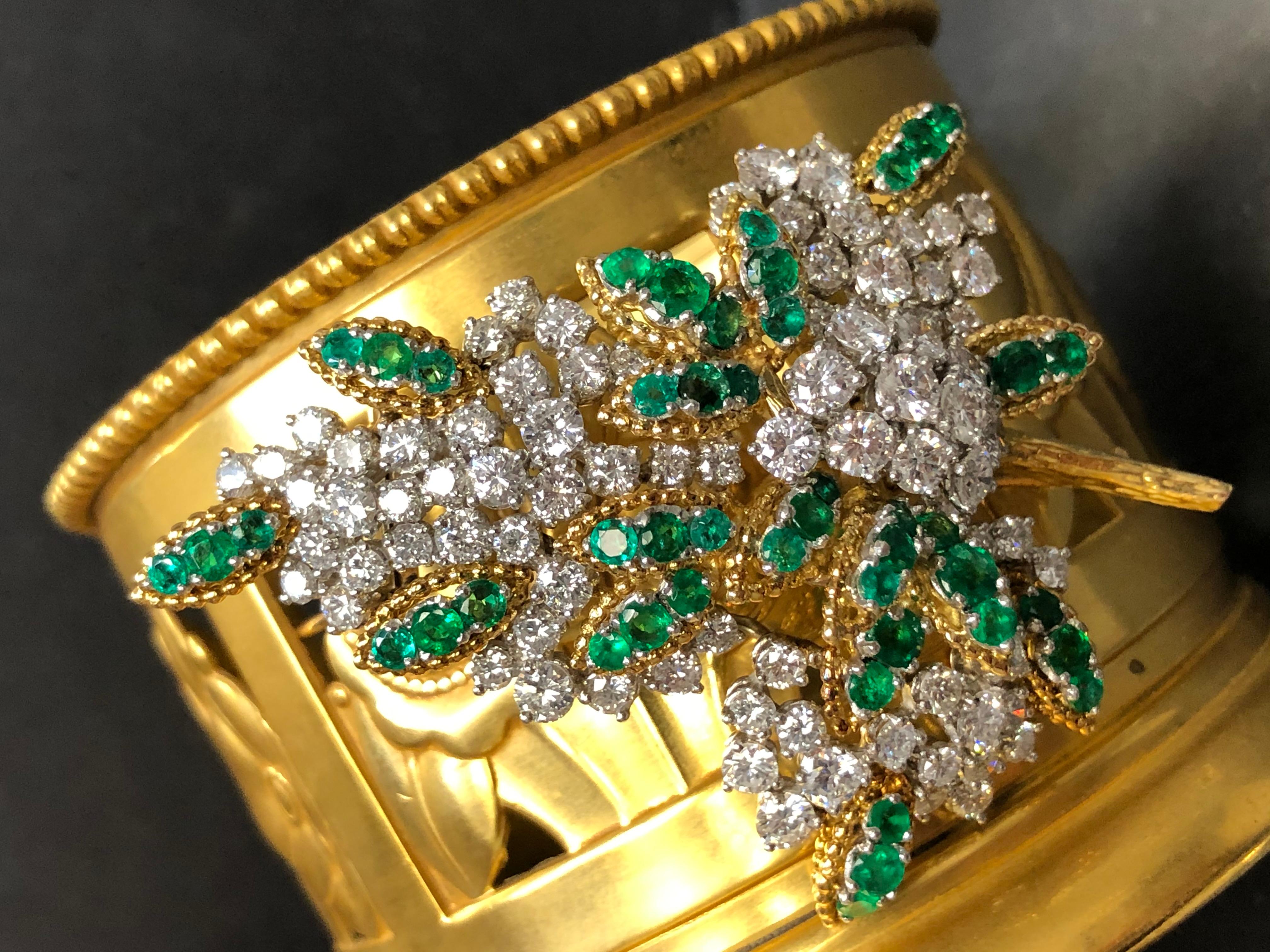 Vintage French 18K Platinum Diamond Emerald Leaf Brooch 13cttw G Vs In Good Condition For Sale In Winter Springs, FL