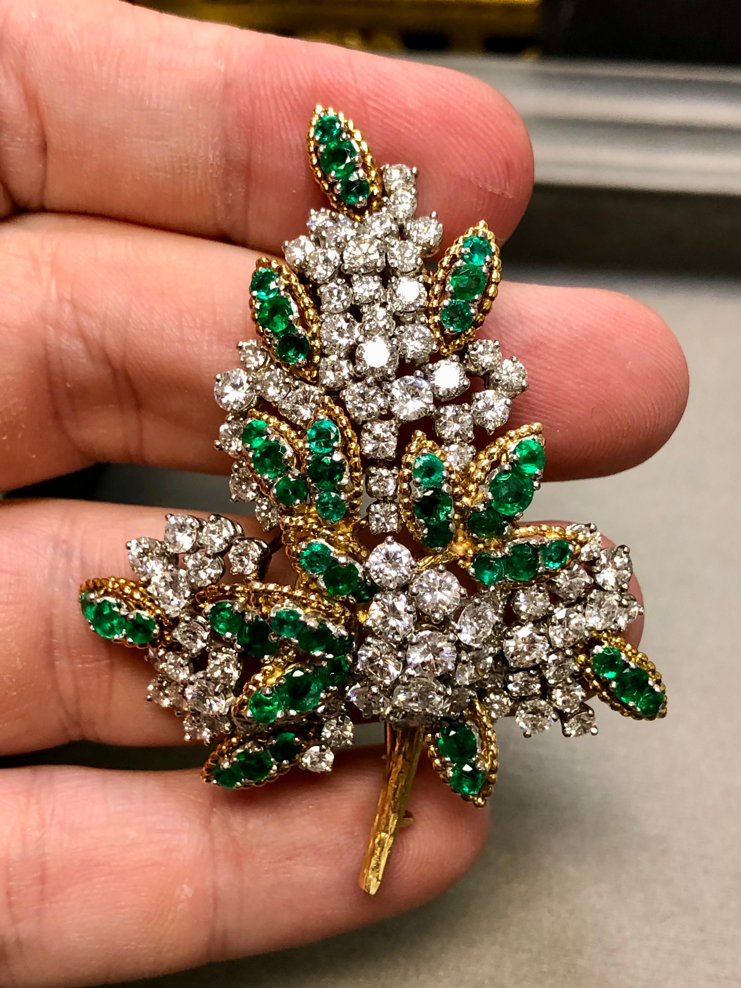 Women's or Men's Vintage French 18K Platinum Diamond Emerald Leaf Brooch 13cttw G Vs For Sale