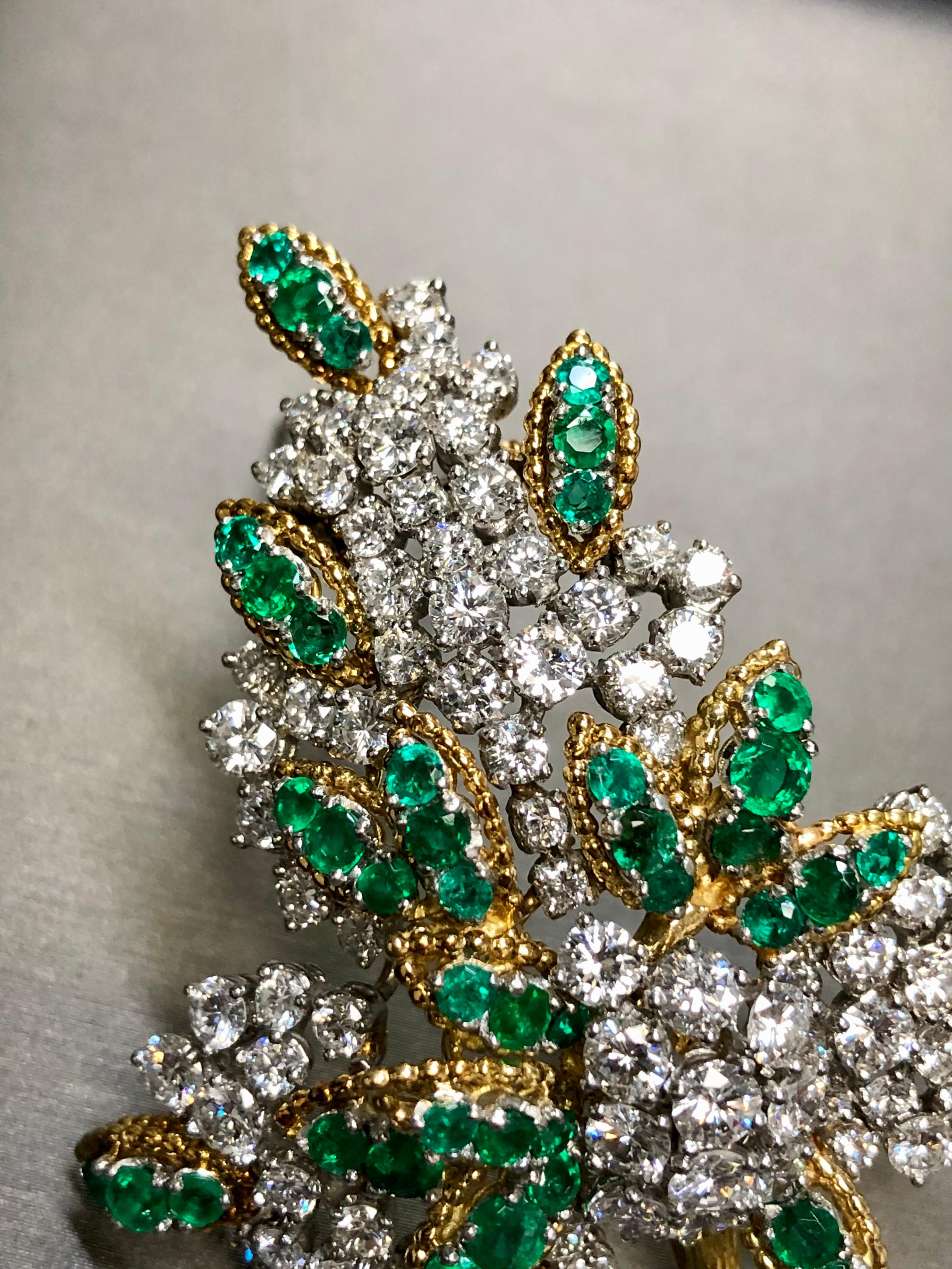 Vintage French 18K Platinum Diamond Emerald Leaf Brooch 13cttw G Vs For Sale 1