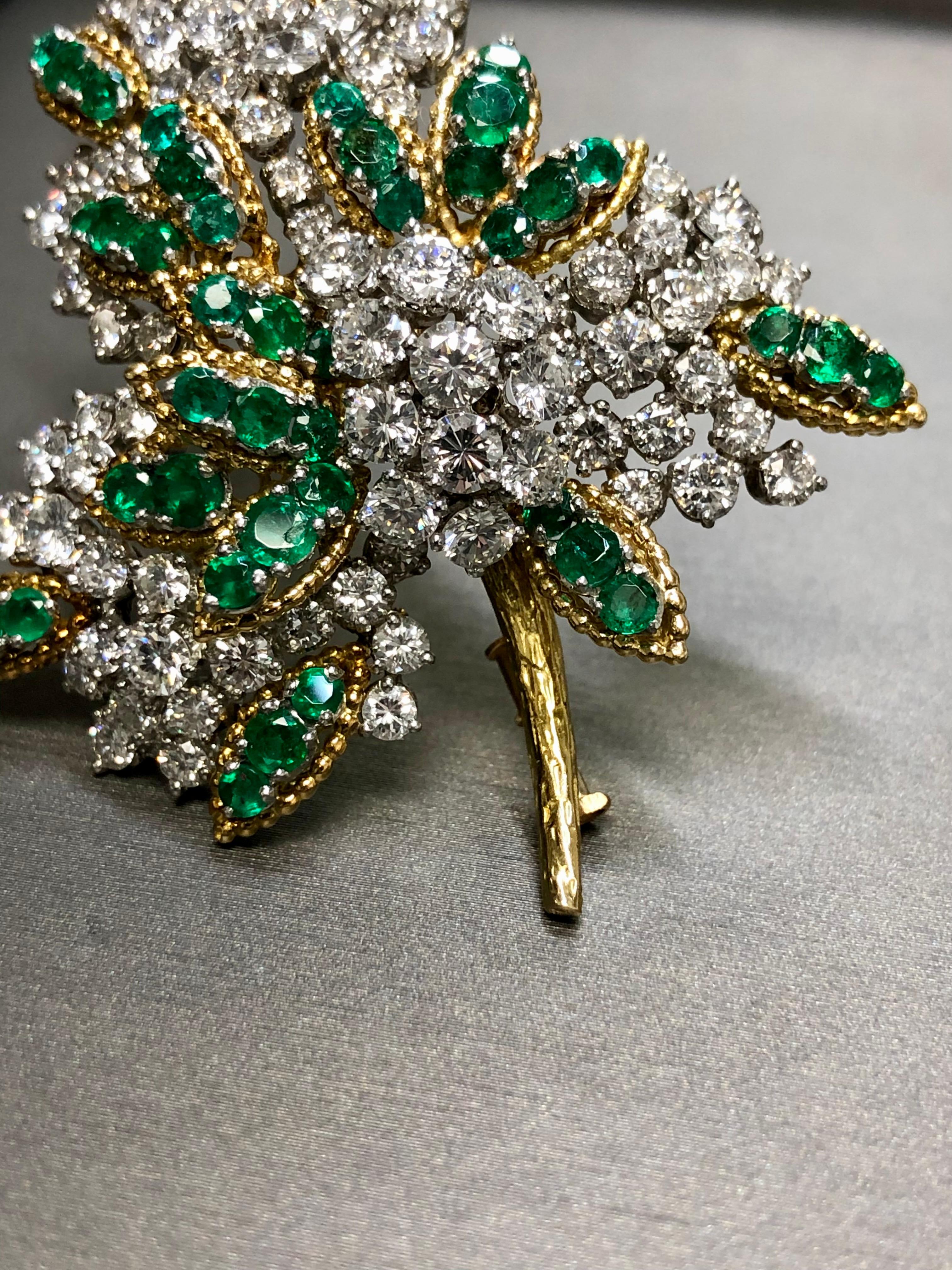Vintage French 18K Platinum Diamond Emerald Leaf Brooch 13cttw G Vs For Sale 2