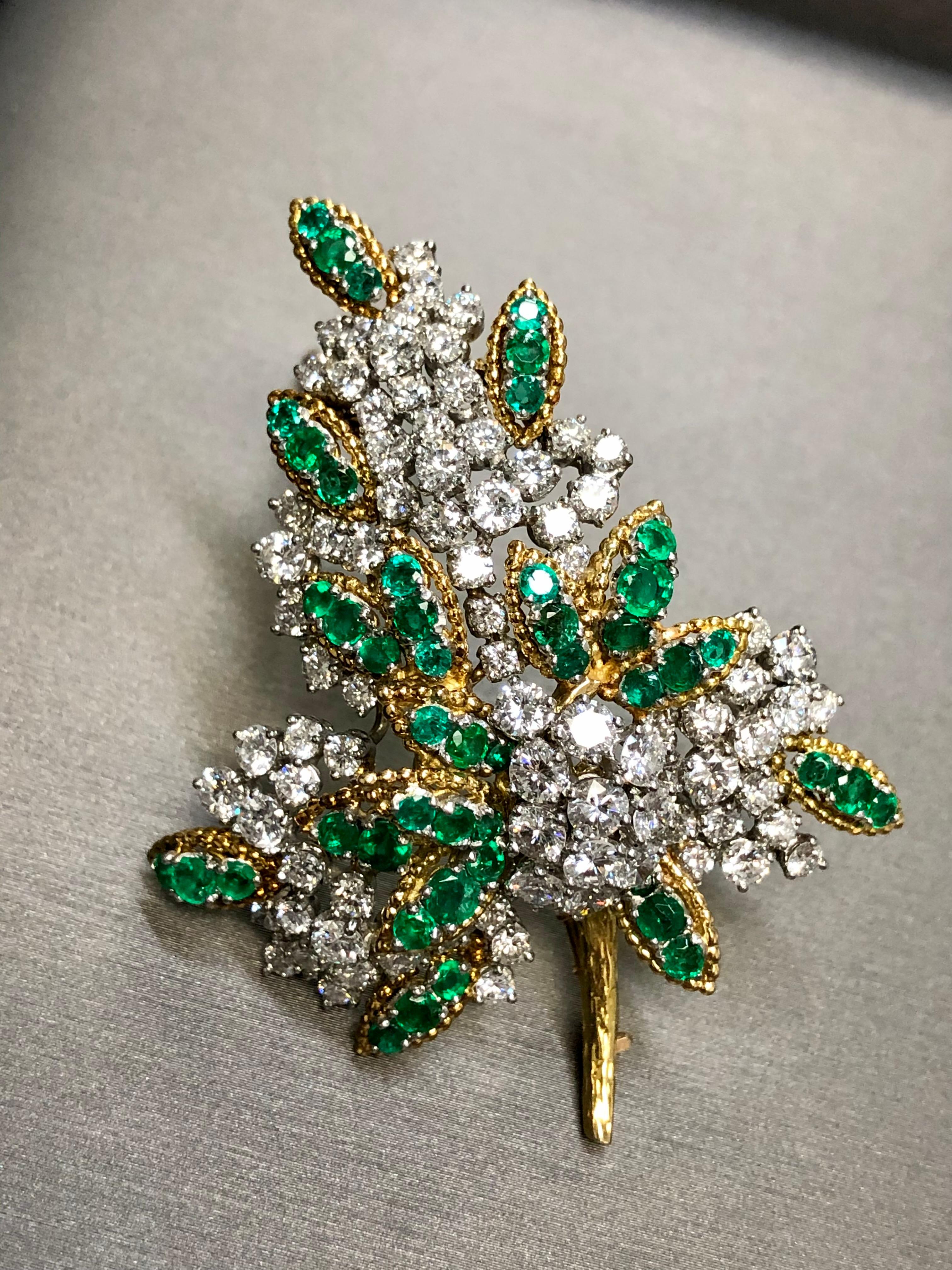 Vintage French 18K Platinum Diamond Emerald Leaf Brooch 13cttw G Vs For Sale 3