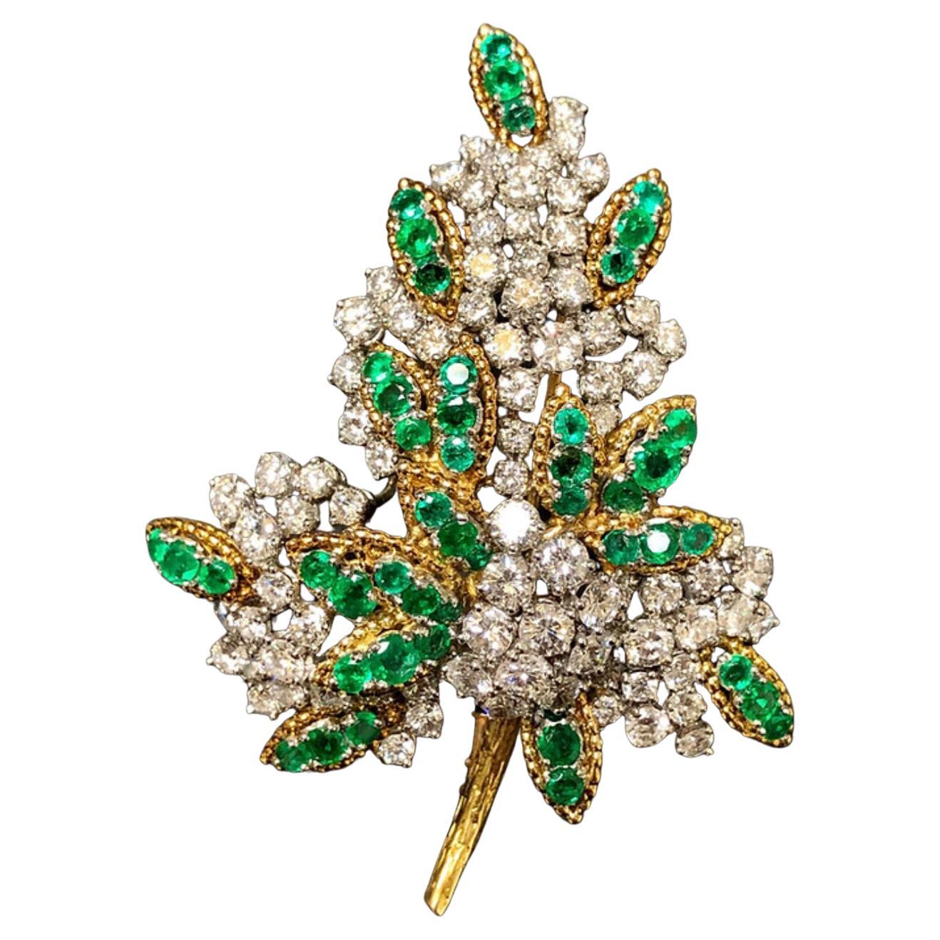 Vintage French 18K Platinum Diamond Emerald Leaf Brooch 13cttw G Vs