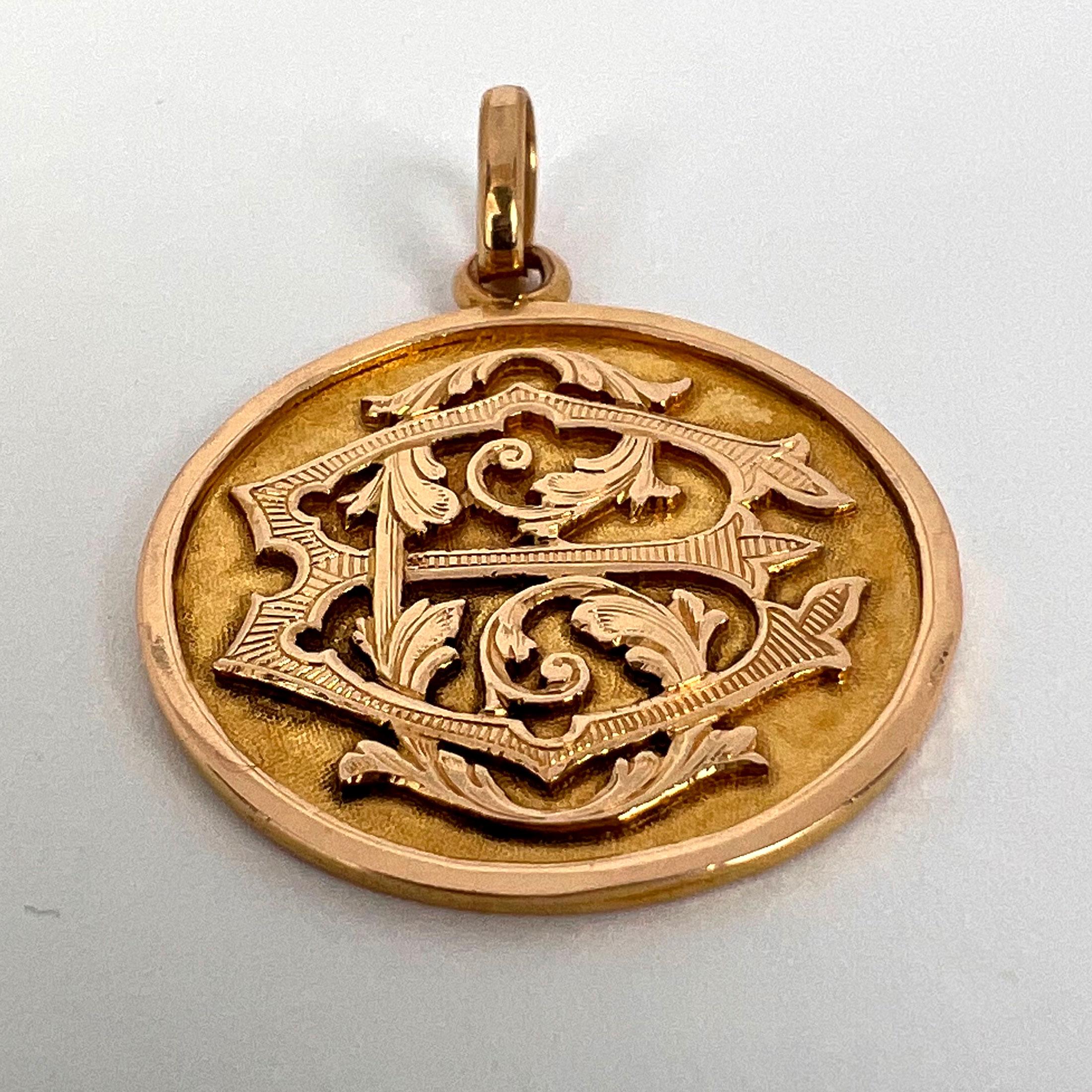 French 18k Rose Gold EC or CE Monogram Medal Pendant For Sale 11