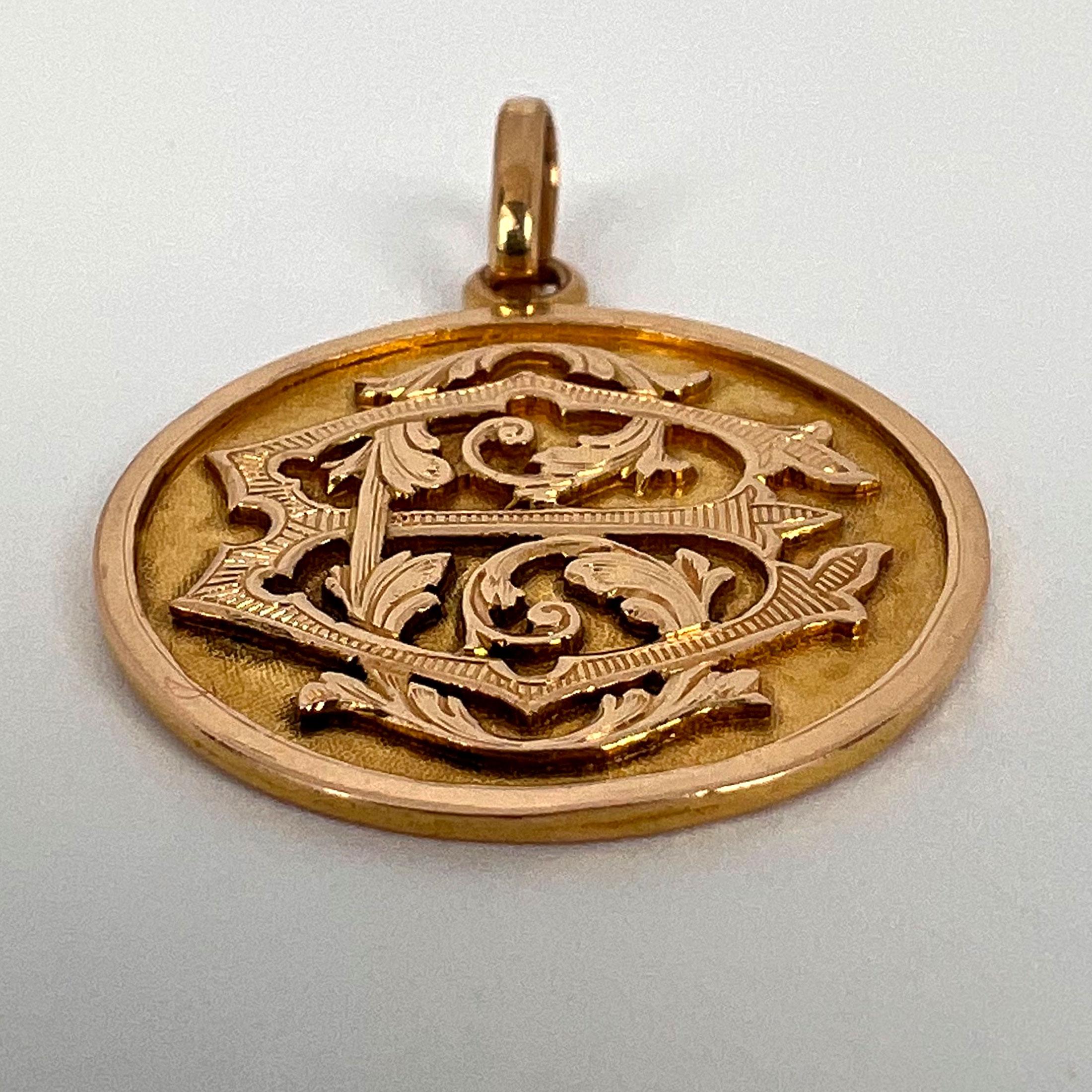 French 18k Rose Gold EC or CE Monogram Medal Pendant For Sale 12