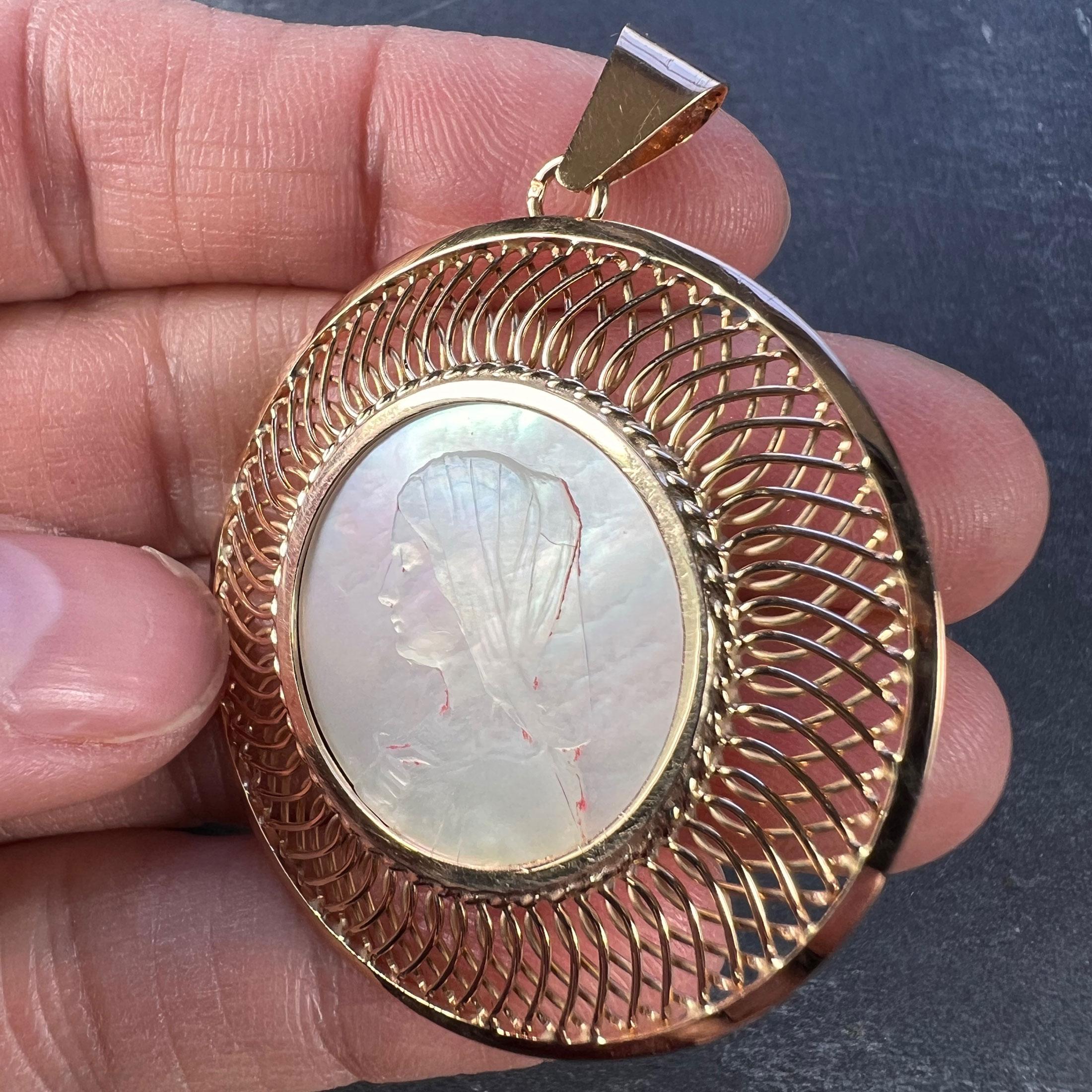French 18k Rose Gold Mother-of-pearl Virgin Mary Medal Pendant 1