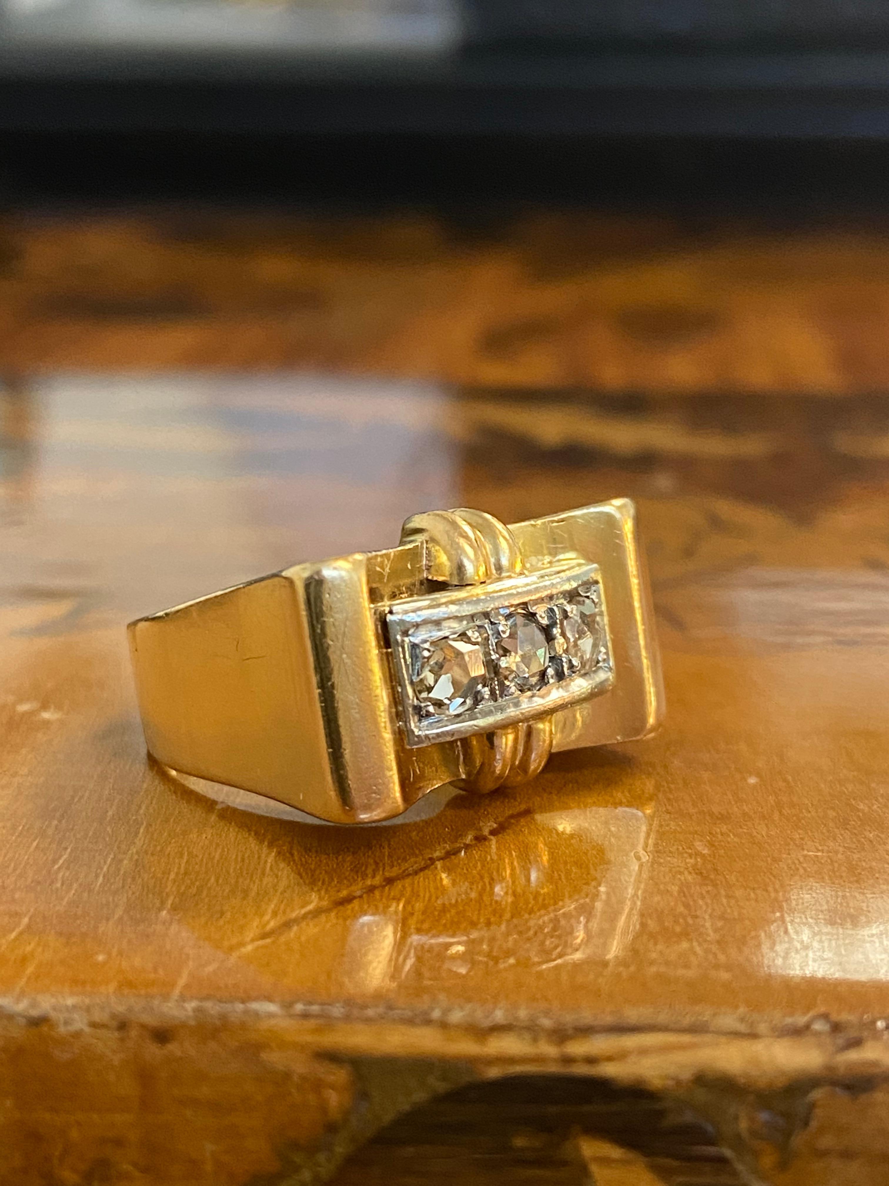 French 18k Rose Gold & Rose Cut Diamond Tank Ring circa 1900s Victorian Rare 1