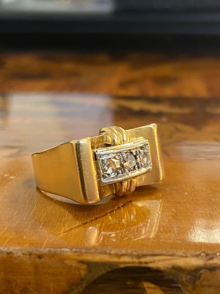 French 18k Rose Gold & Rose Cut Diamond Tank Ring circa 1900s Victorian Rare For Sale 1