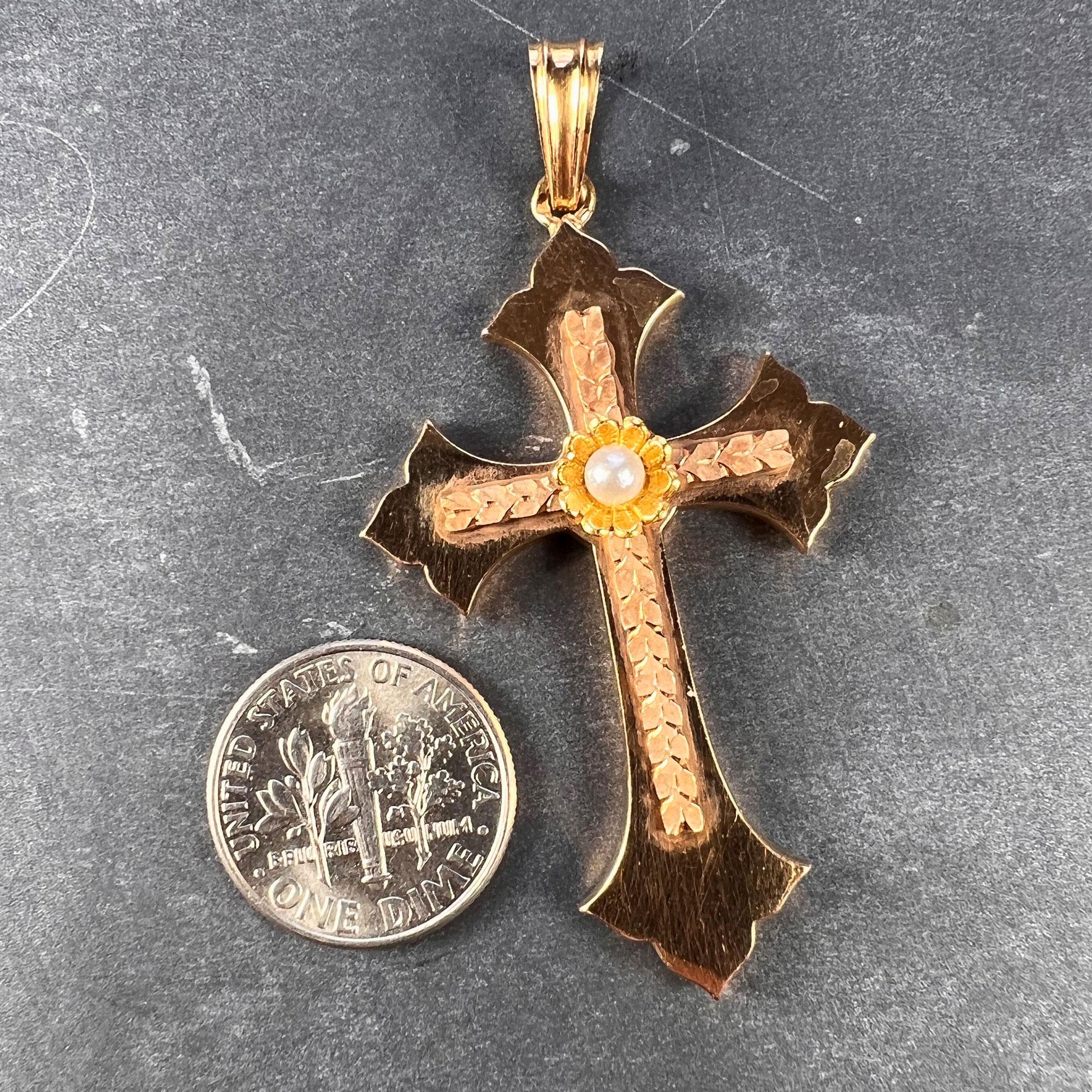 French 18K Rose Yellow Gold Pearl Cross Pendant For Sale 7