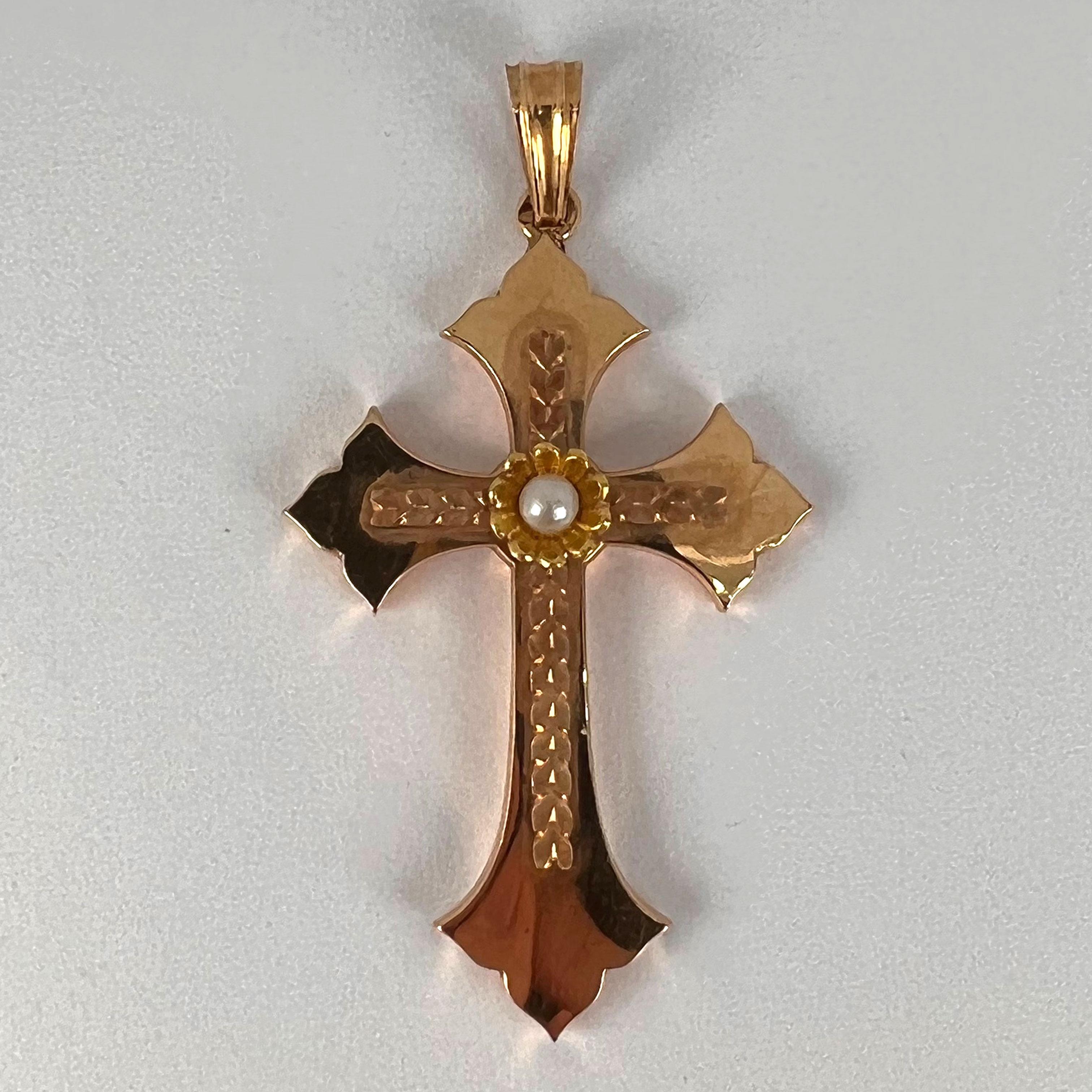 French 18K Rose Yellow Gold Pearl Cross Pendant For Sale 8