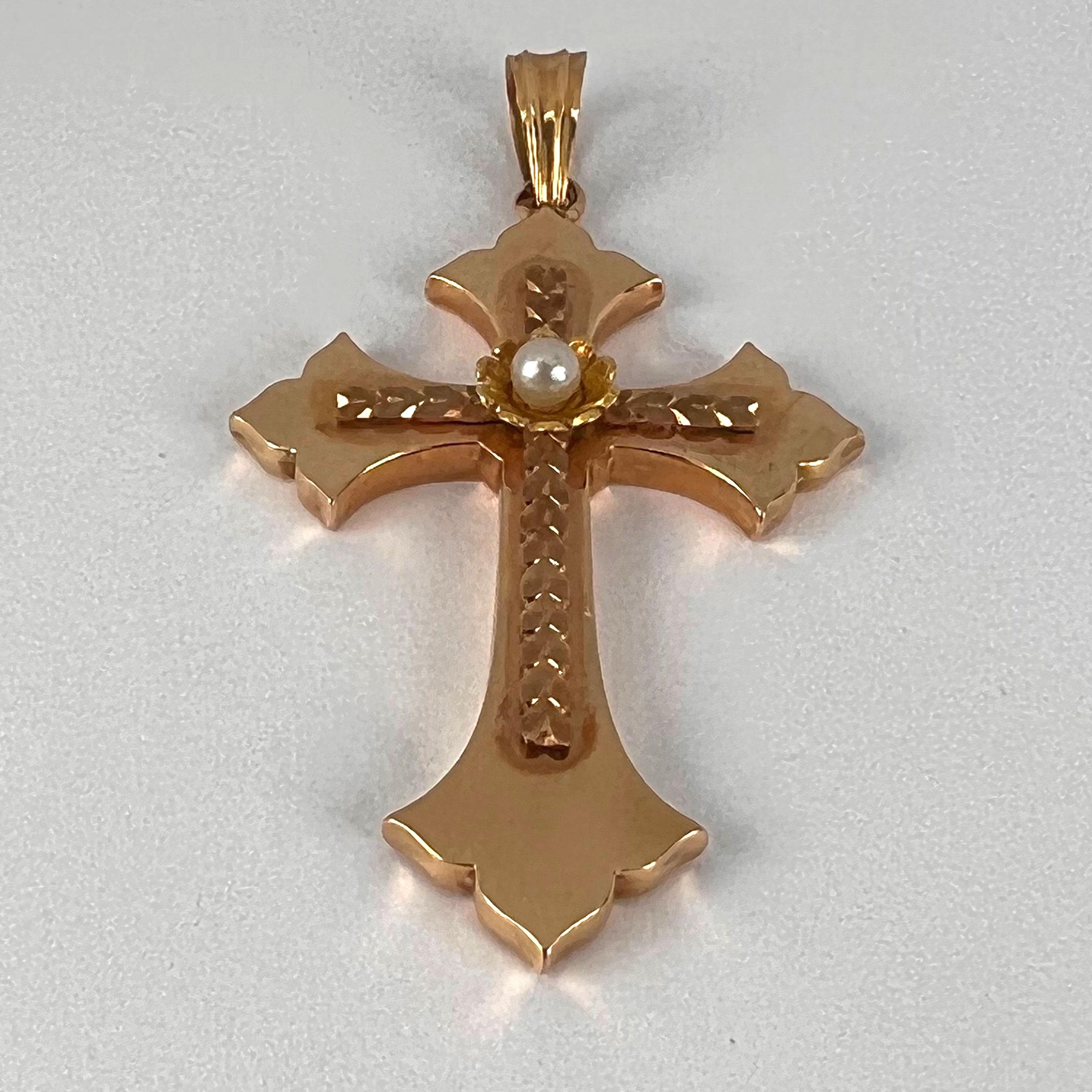 French 18K Rose Yellow Gold Pearl Cross Pendant For Sale 9