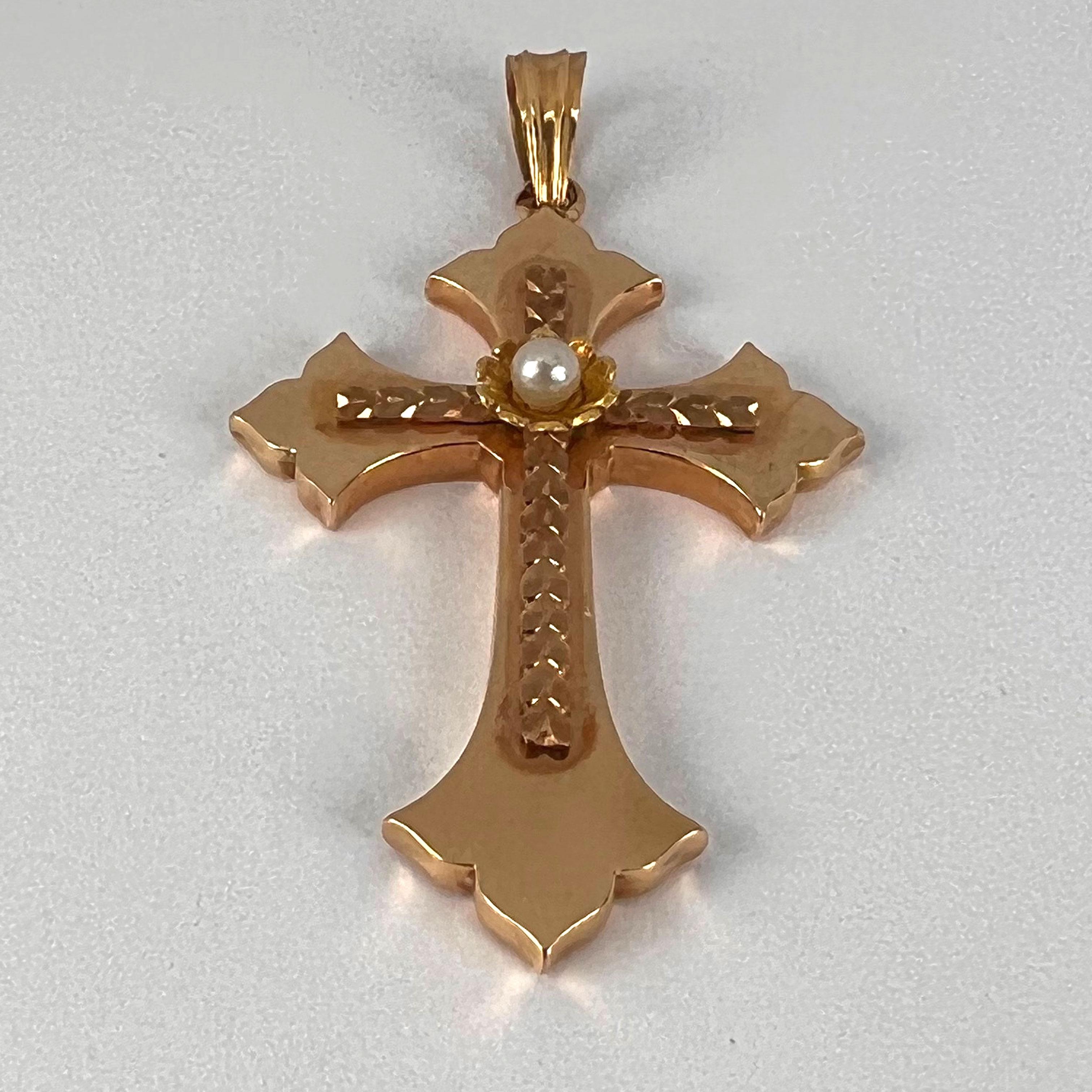 Pendentif croix en perles en or rose jaune 18K en vente 9