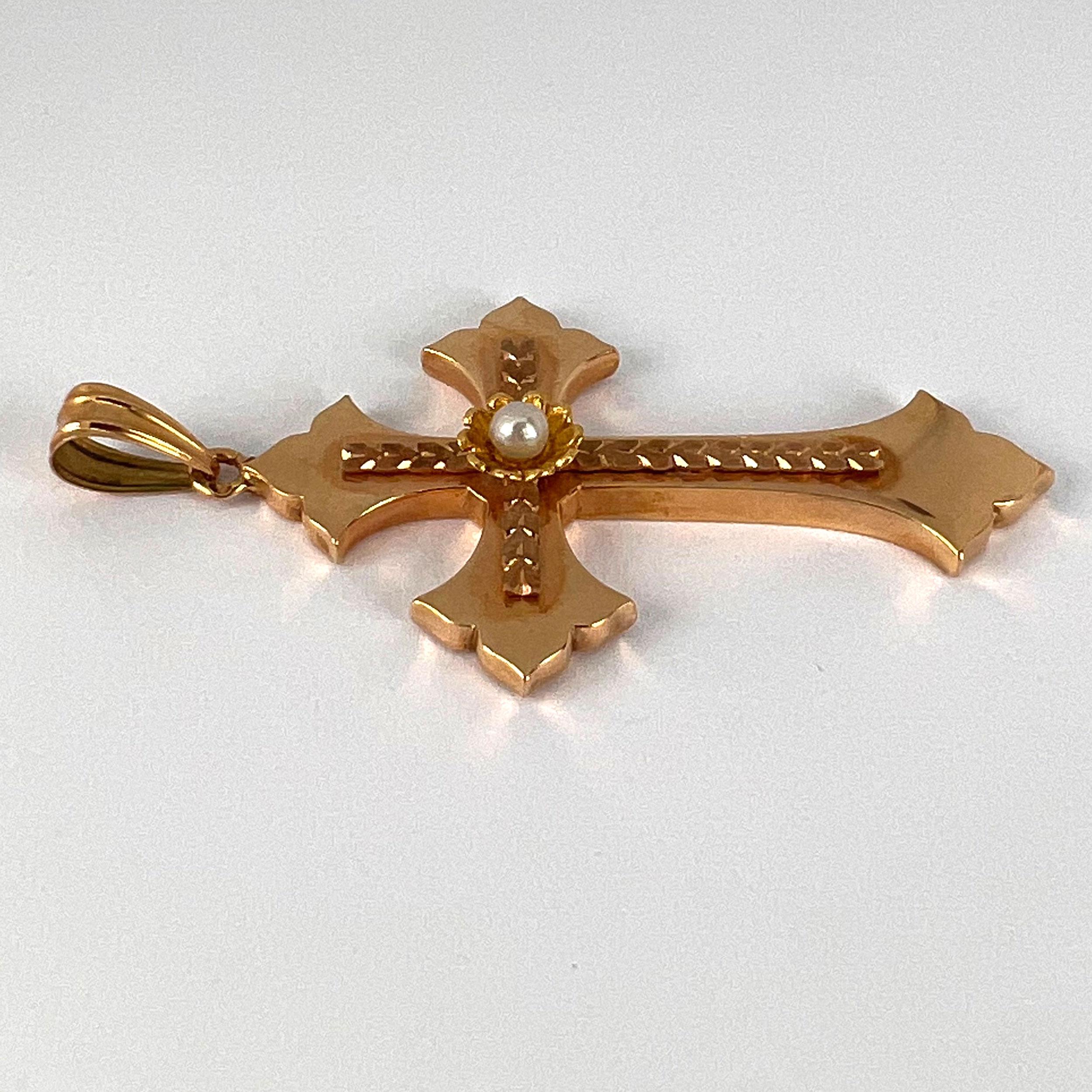 French 18K Rose Yellow Gold Pearl Cross Pendant For Sale 10