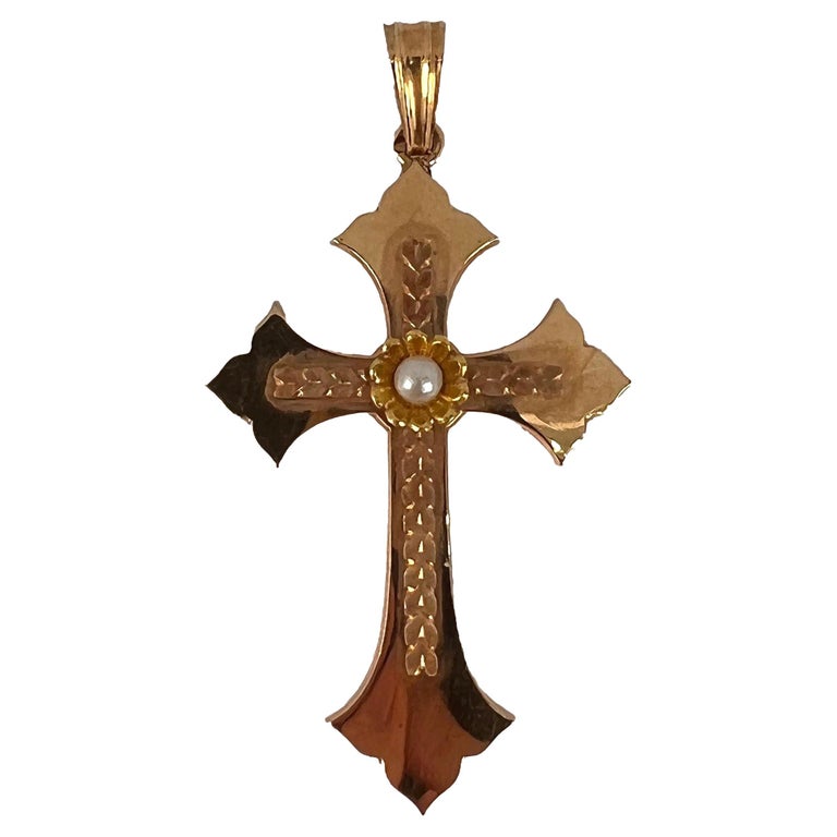 French 18K Rose Yellow Gold Pearl Cross Pendant For Sale at 1stDibs