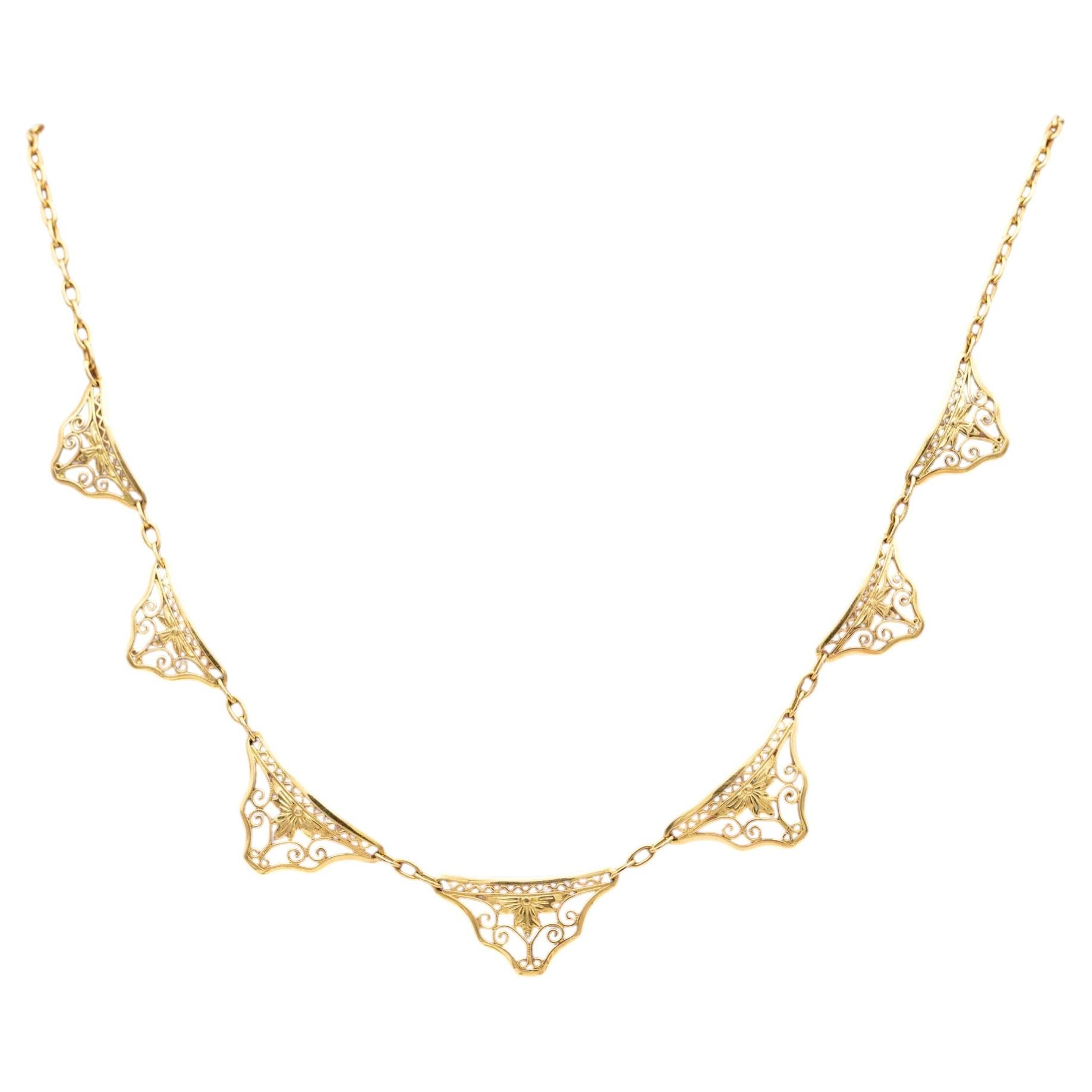 French 18k solid gold Art Nouveau Necklace - Filigree Victorian drapery collar