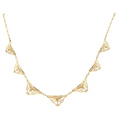 French 18k solid gold Art Nouveau Necklace - Filigree Victorian drapery collar