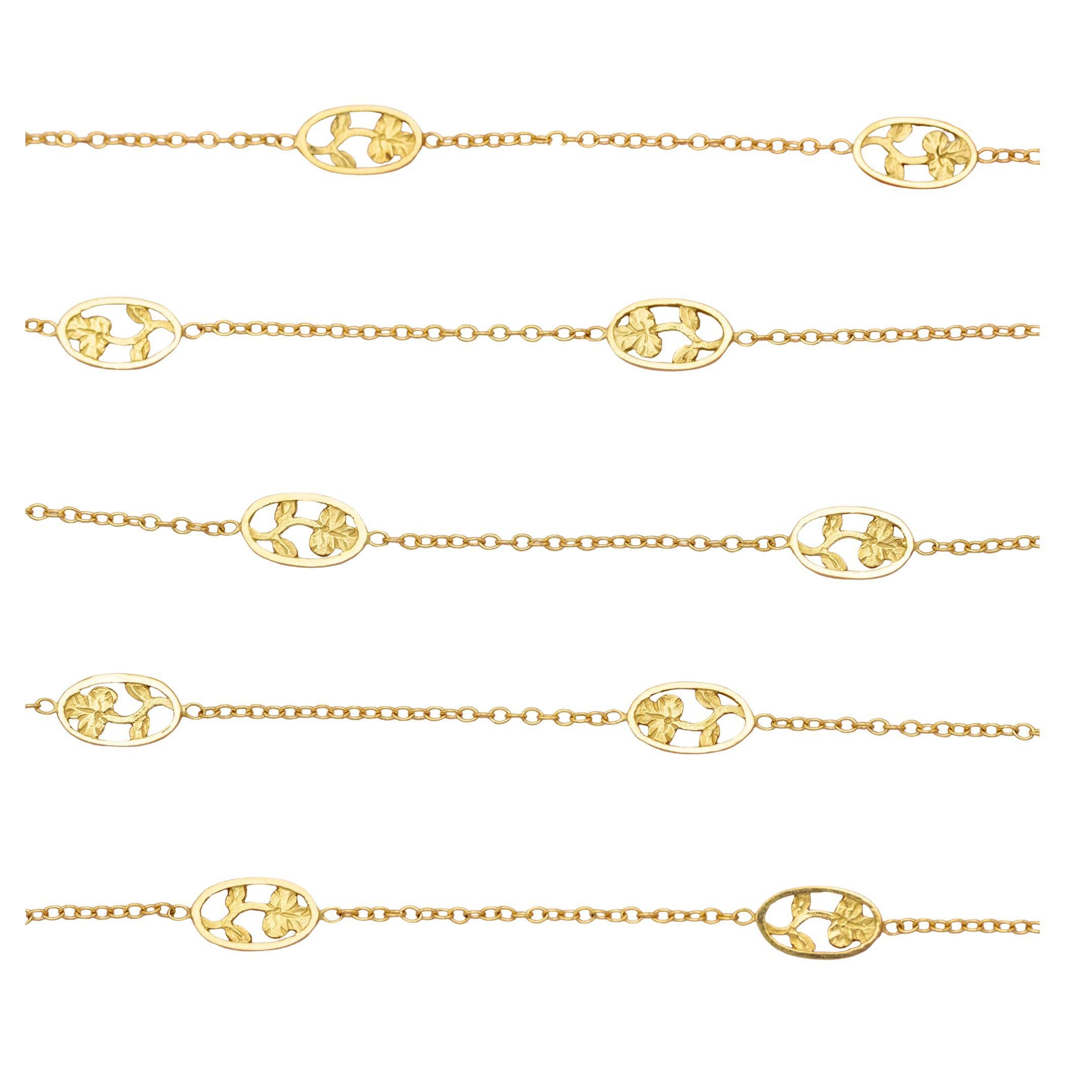 French 18k solid gold Art Nouveau Necklace - Floral flower chain - 27.56 inch For Sale